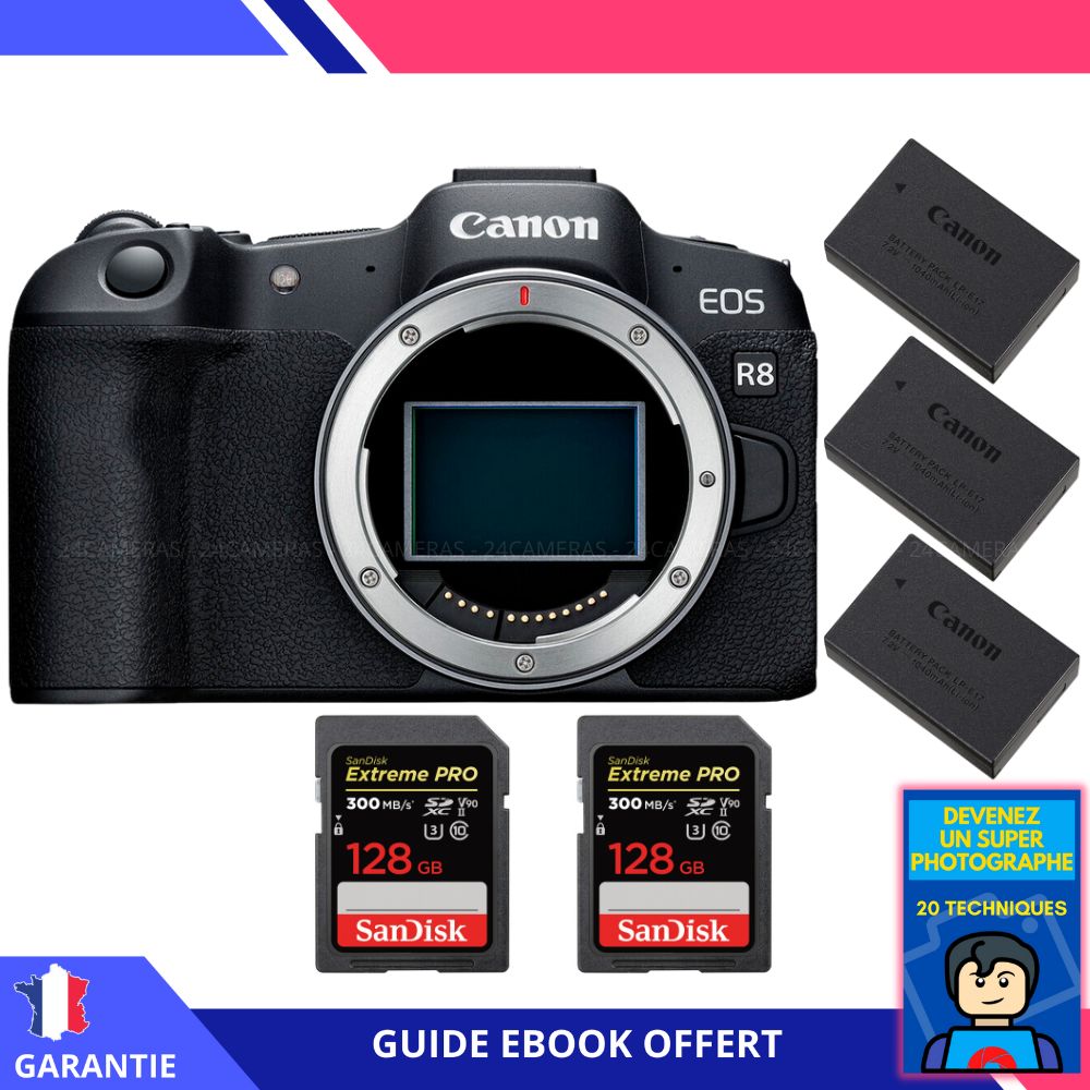 Canon EOS R8 + 2 SanDisk 128GB Extreme PRO UHS-II SDXC 300MB/s + 3 Canon LP-E17 + Ebook 'Devenez Un Super Photographe' - Camera Canon
