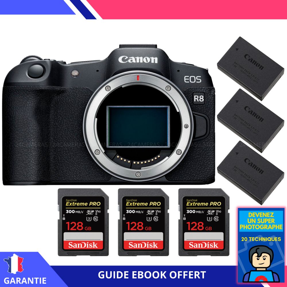 Canon EOS R8 + 3 SanDisk 128GB Extreme PRO UHS-II SDXC 300MB/s + 3 Canon LP-E17 + Ebook 'Devenez Un Super Photographe' - Appareil Photo Canon