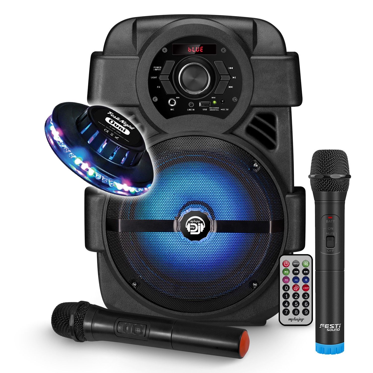 Haut-parleur DJ mobile BMI 400W avec batterie - USB/Bluetooth, soirée en famille, fête, karaoké avec 2 microphones sans fil VHF, lumière OVNI