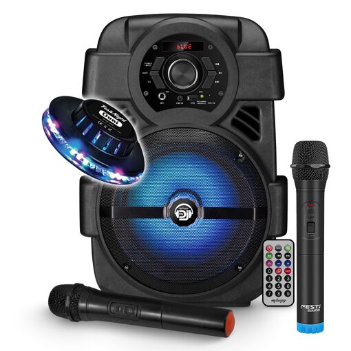 Haut-parleur DJ mobile BMI 400W avec batterie - USB/Bluetooth, soirée en famille, fête, karaoké avec 2 microphones sans fil VHF, lumière OVNI