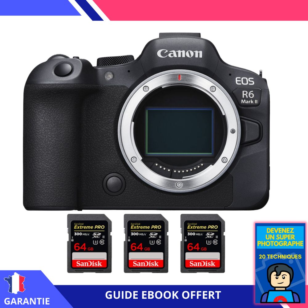 Canon EOS R6 Mark II + 3 SanDisk 64GB Extreme PRO UHS-II SDXC 300MB/s Memory Cards + 'Become a Super Photographer' Ebook - Canon Hybrid Camera