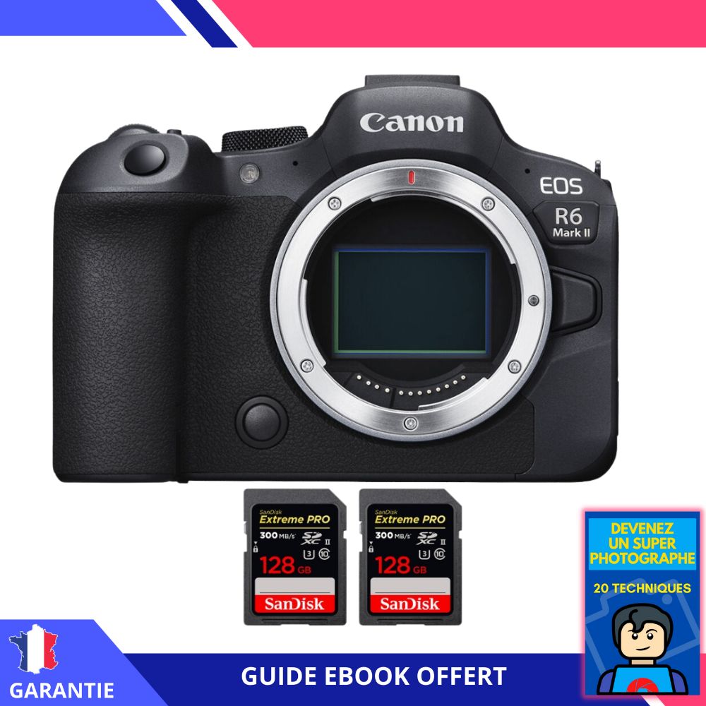 Canon EOS R6 Mark II + 2 SanDisk 128GB Extreme PRO UHS-II SDXC 300MB/s Memory Cards + 'Become a Super Photographer' Ebook - Canon Hybrid Camera