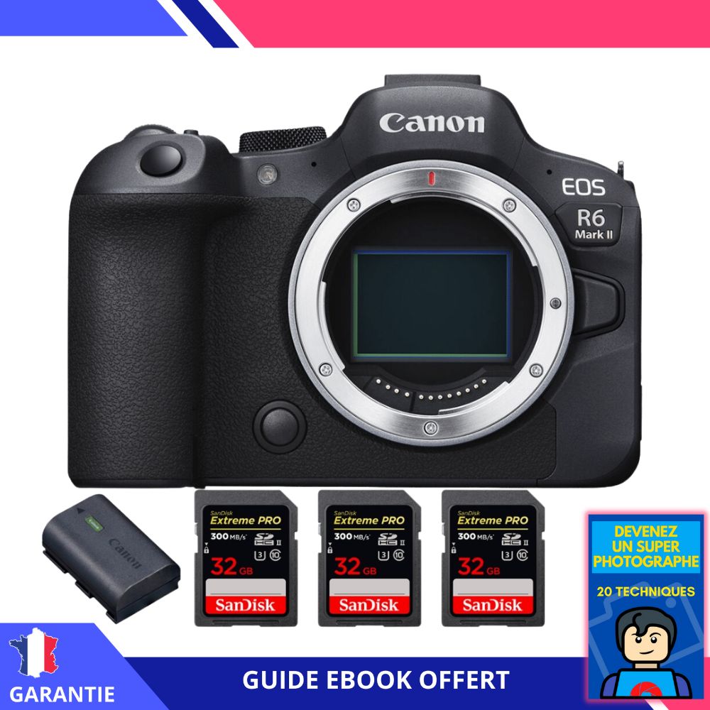 Canon EOS R6 Mark II + 3 SanDisk 32GB Extreme PRO UHS-II 300MB/s + 1 Canon LP-E6NH + Ebook 'Devenez Un Super Photographe' - Hybrid Camera