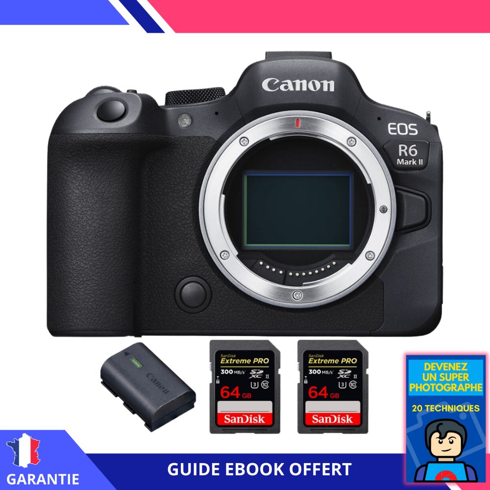 Canon EOS R6 Mark II + 2 SanDisk 64GB Extreme PRO UHS-II 300MB/s + Canon LP-E6NH + Ebook 'Devenez Un Super Photographe' - Hybrid Camera