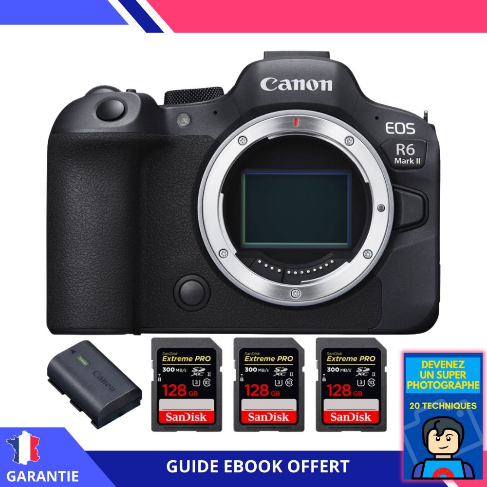 Canon EOS R6 Mark II + 3 SanDisk 128GB Extreme PRO UHS-II 300MB/s + 1 Canon LP-E6NH + Ebook 'Devenez Un Super Photographe' - Hybrid Camera