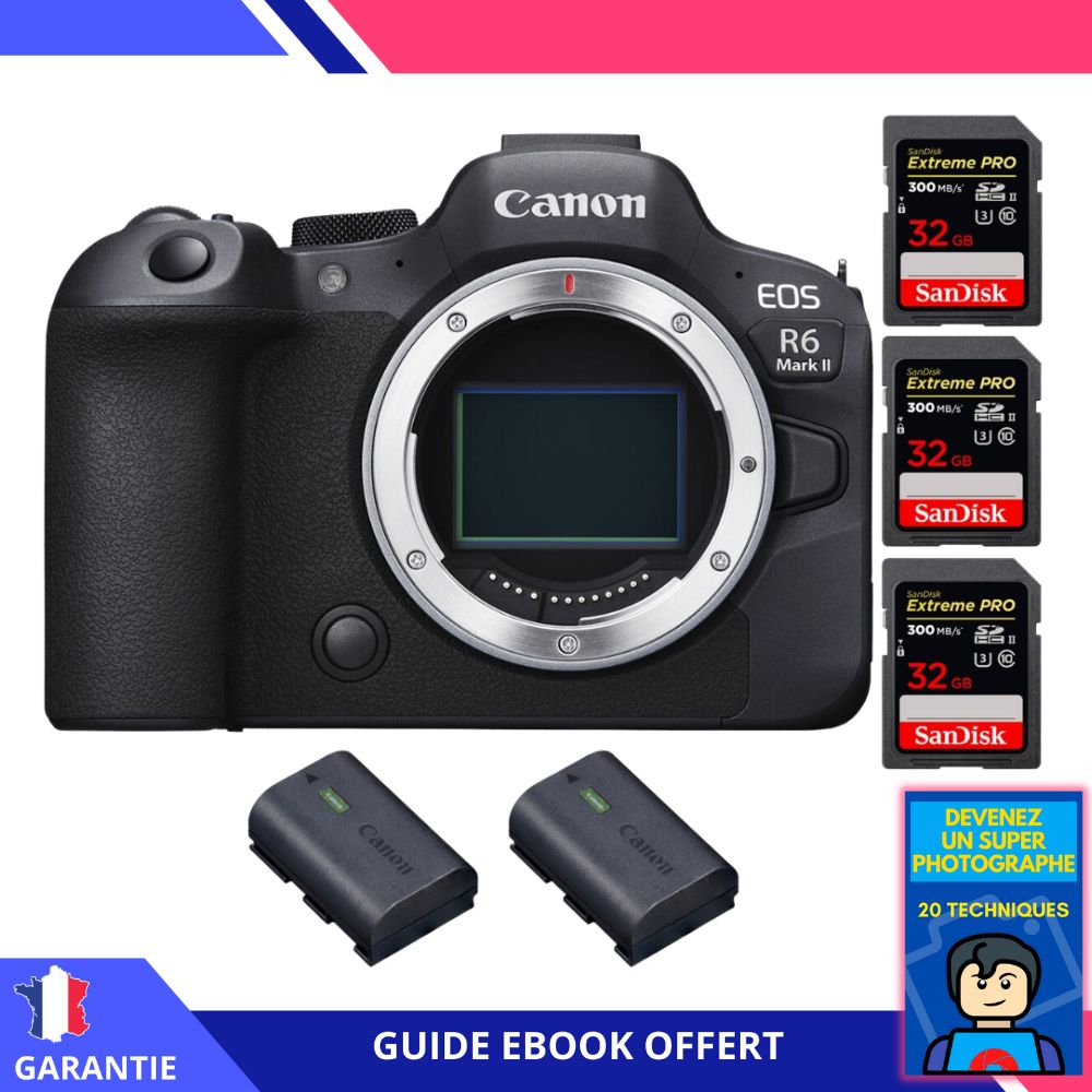 Canon EOS R6 Mark II + 3 SanDisk 32GB Extreme PRO UHS-II 300MB/s + 2 Canon LP-E6NH + Ebook 'Devenez Un Super Photographe' - Hybrid Camera