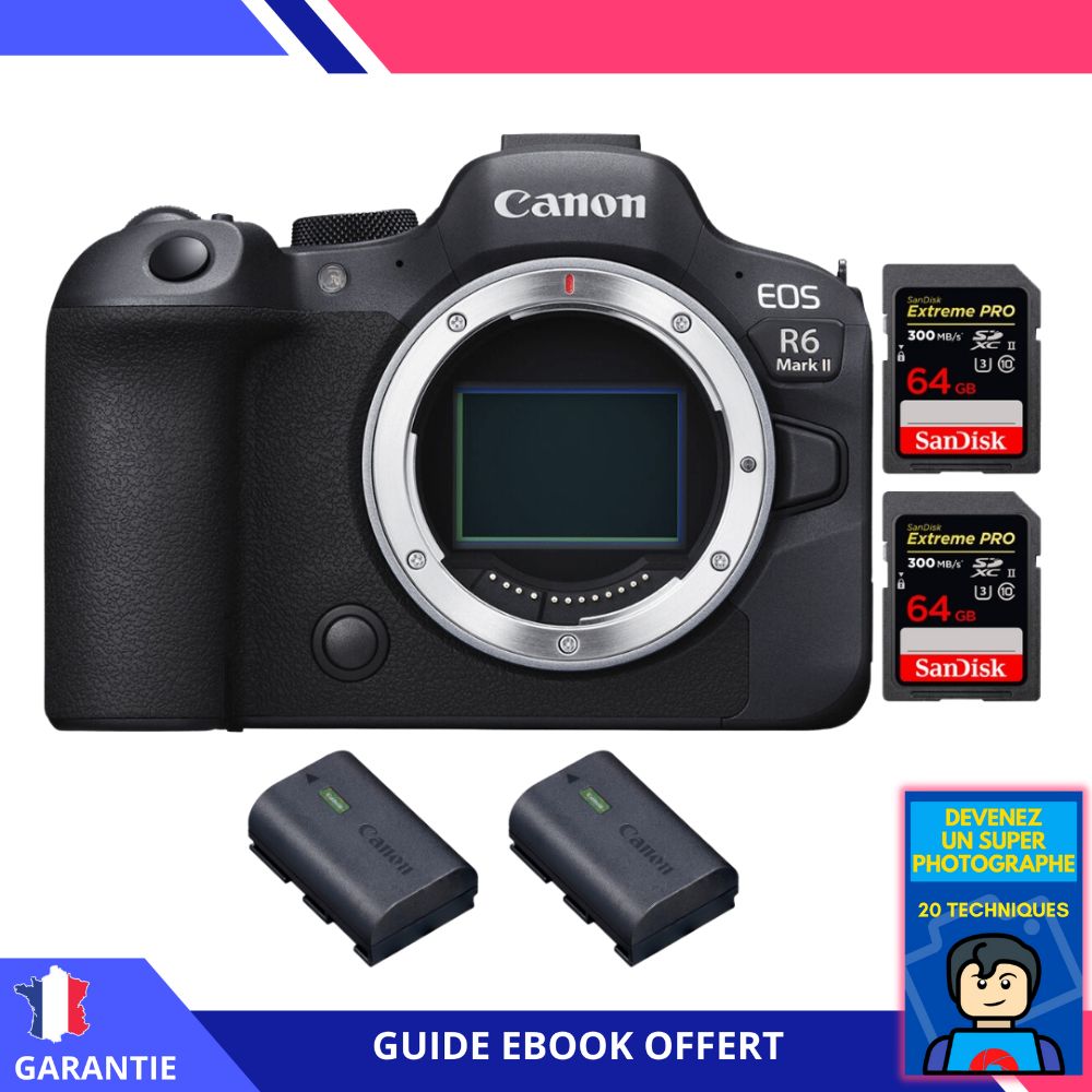 Canon EOS R6 Mark II + 2 SanDisk 64GB Extreme PRO UHS-II 300MB/s Cards + 2 Canon LP-E6NH + Ebook 'Become a Super Photographer' - Hybrid Camera