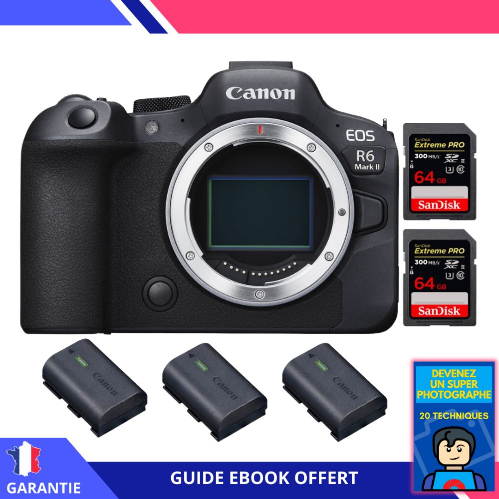 Canon EOS R6 Mark II + 2 SanDisk 64GB Extreme PRO UHS-II 300MB/s + 3 Canon LP-E6NH + Ebook 'Devenez Un Super Photographe' - Hybrid Camera