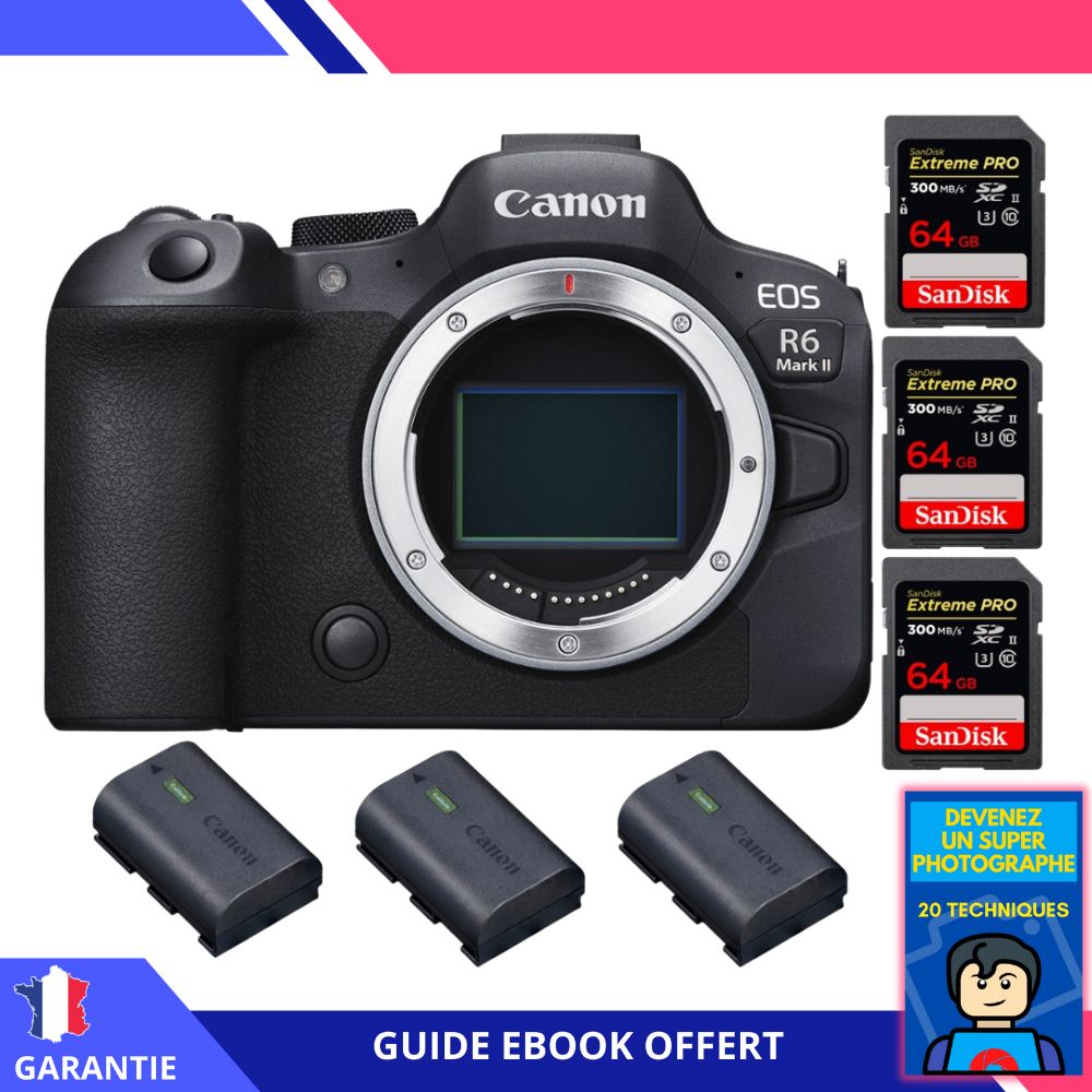 Canon EOS R6 Mark II + 3 SanDisk 64GB Extreme PRO UHS-II 300MB/s + 3 Canon LP-E6NH + Ebook 'Devenez Un Super Photographe' - Hybrid Camera
