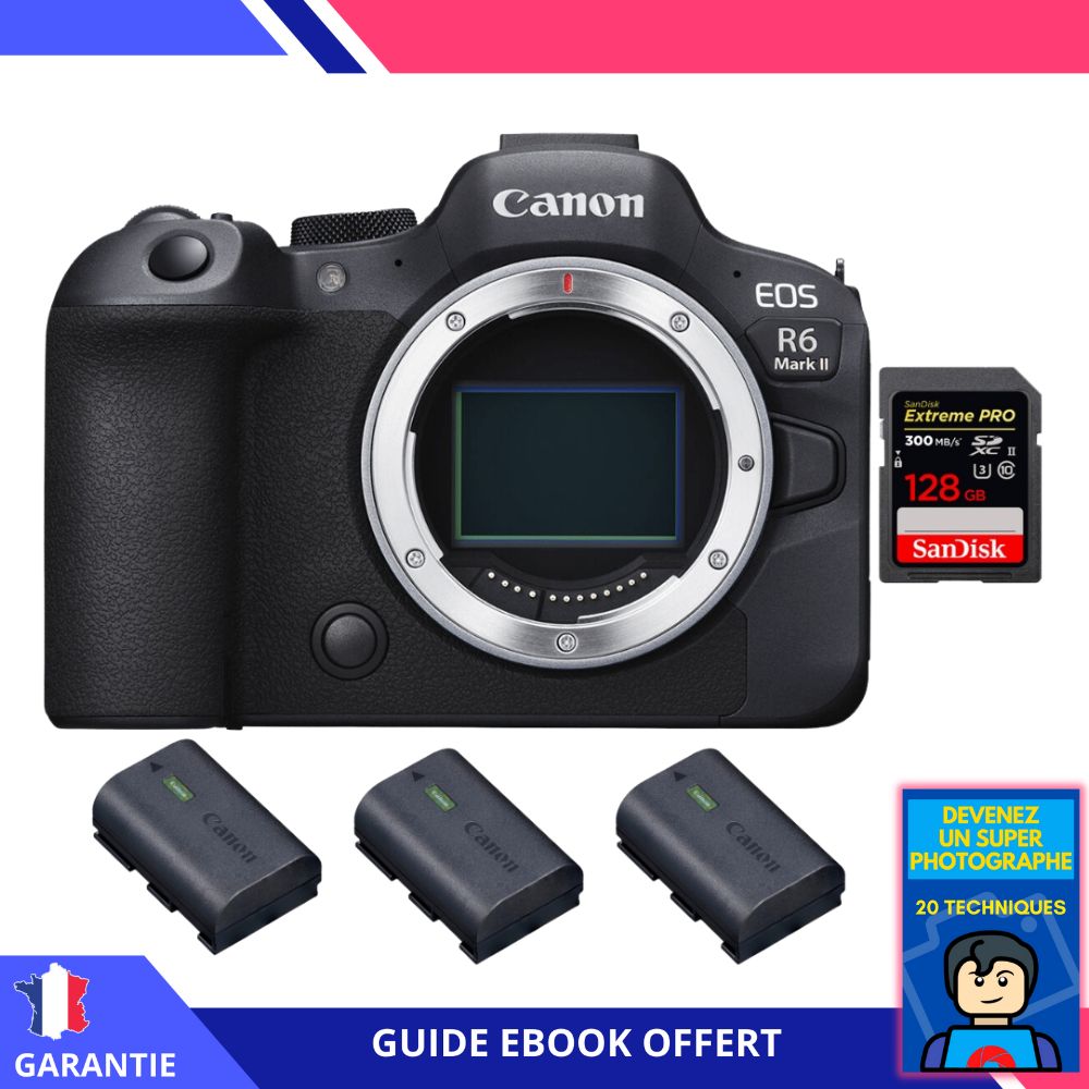 Canon EOS R6 Mark II + 1 SanDisk 128GB Extreme PRO UHS-II 300MB/s + 3 Canon LP-E6NH Battery - Hybrid Camera