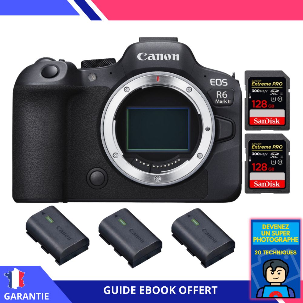 Canon EOS R6 Mark II + 2 SanDisk 128GB Extreme PRO UHS-II 300 MB/s + 3 Canon LP-E6NH + Ebook 'Devenez Un Super Photographe' - Hybrid Camera