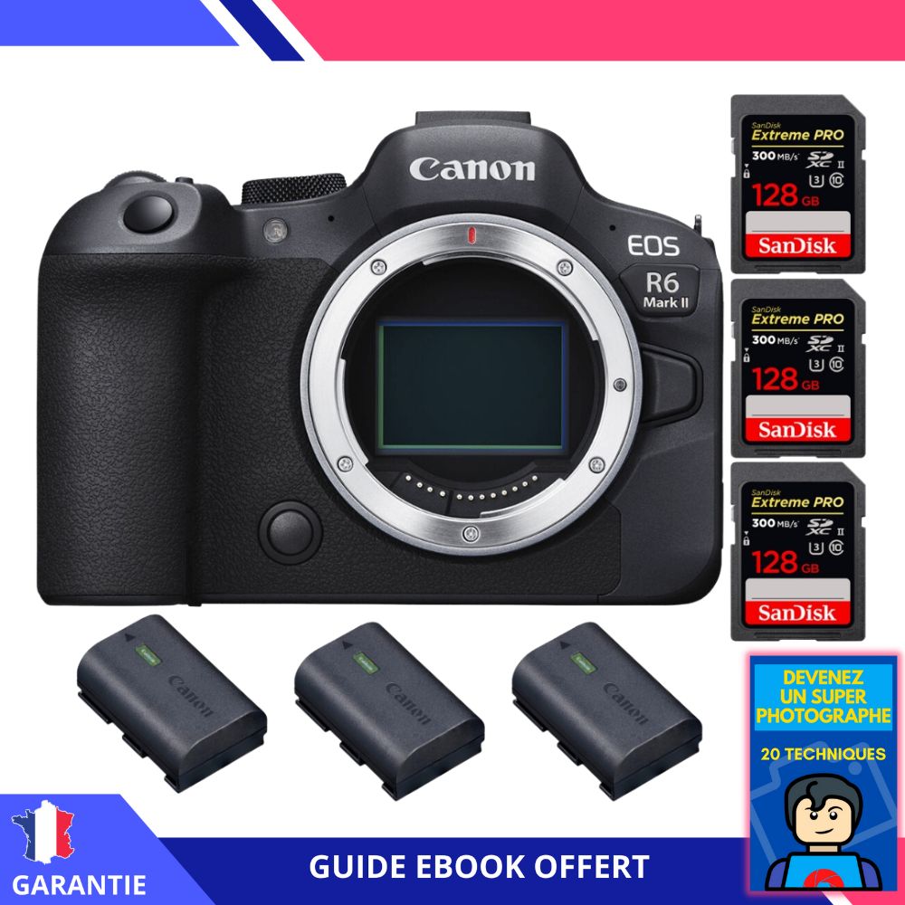 Canon EOS R6 Mark II + 3 SanDisk 128GB Extreme PRO UHS-II 300MB/s + 3 Canon LP-E6NH + Ebook 'Devenez Un Super Photographe' - Hybrid Camera