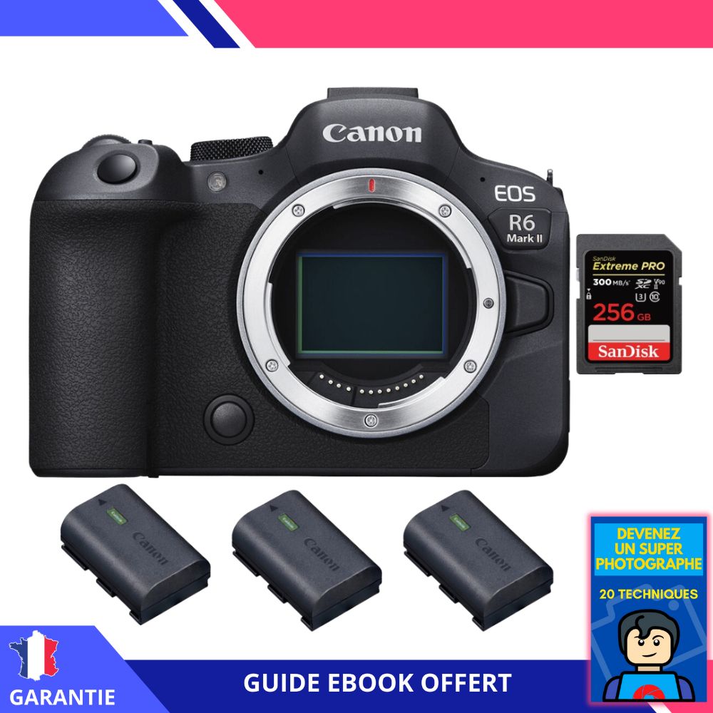 Canon EOS R6 Mark II + 1 SanDisk 256GB Extreme PRO UHS-II 300MB/s + 3 Canon LP-E6NH Battery + Ebook 'Devenez Un Super Photographe' - Hybrid Camera