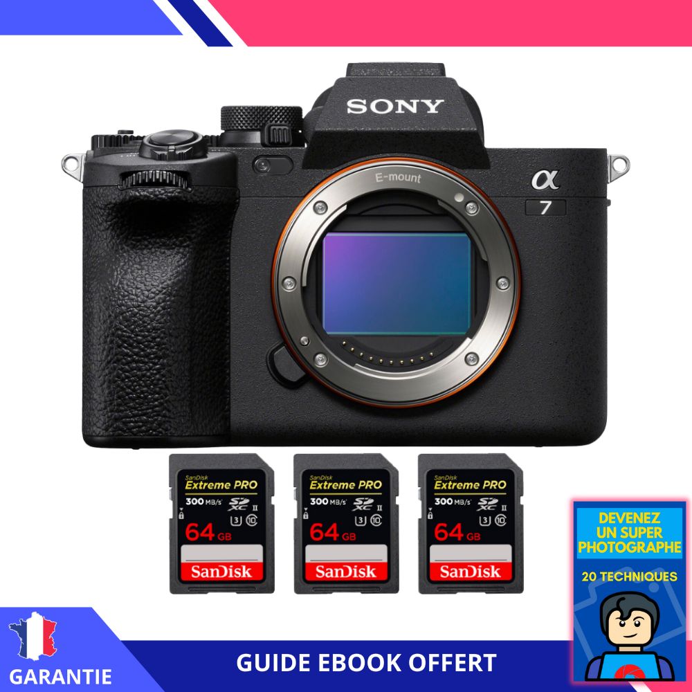 Sony A7 IV Nu + 3 SanDisk 64GB Extreme PRO UHS-II SDXC 300 MB/s + Ebook 'Devenez Un Super Photographe' - Hybrid Sony