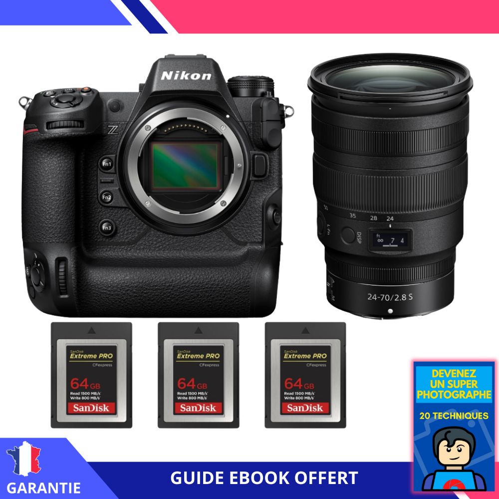 Nikon Z9 + objectif Z 24-70mm f/2.8 S + 3 cartes SanDisk 64 Go Extreme PRO CFexpress Type B + ebook 'Devenez un super photographe' - Hybride Nikon