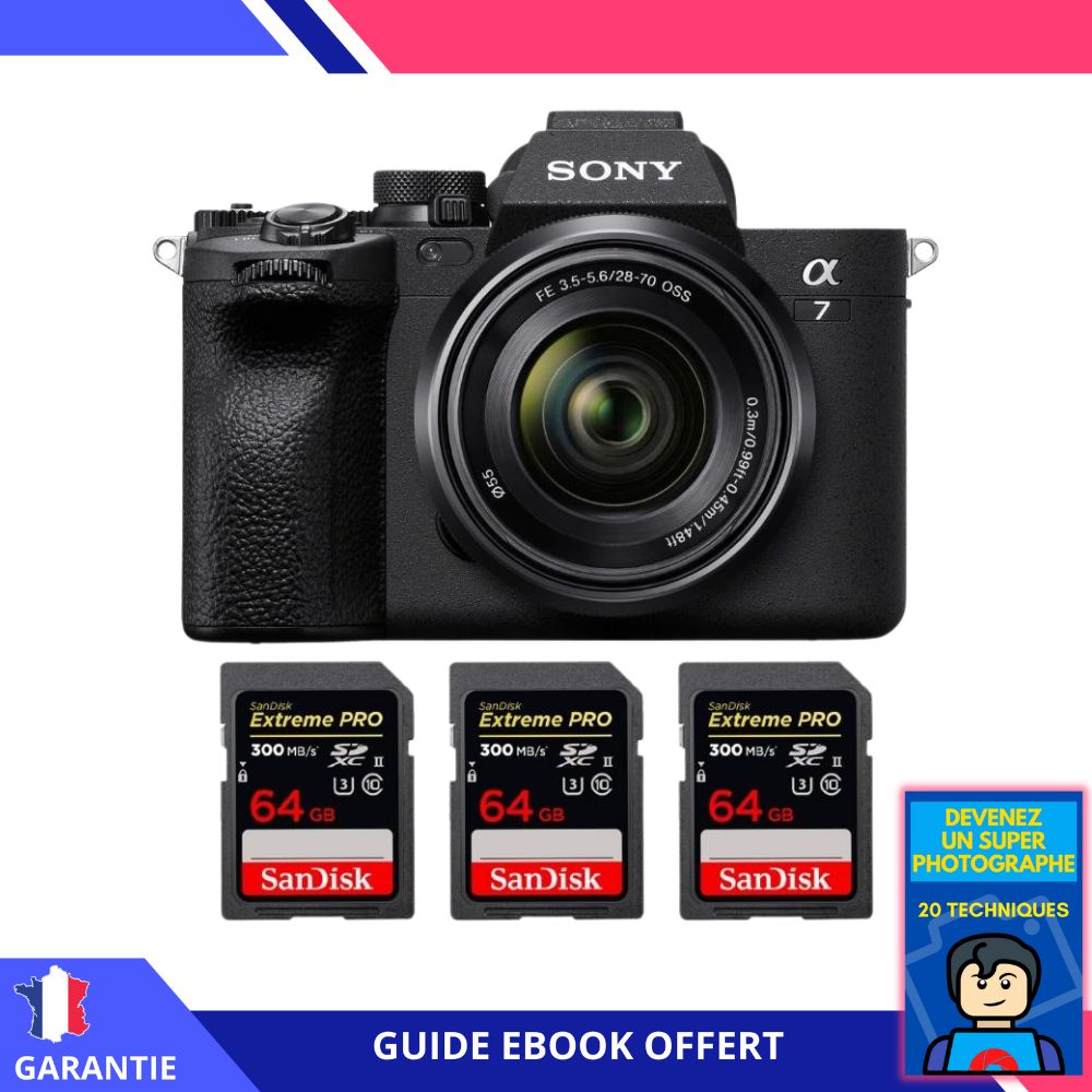 Sony A7 IV + FE 28-70mm F3.5-5.6 OSS + 3 SanDisk 64GB Extreme PRO UHS-II SDXC 300MB/s + Ebook 'Devenez Un Super Photographe' - Hybrid Sony Camera