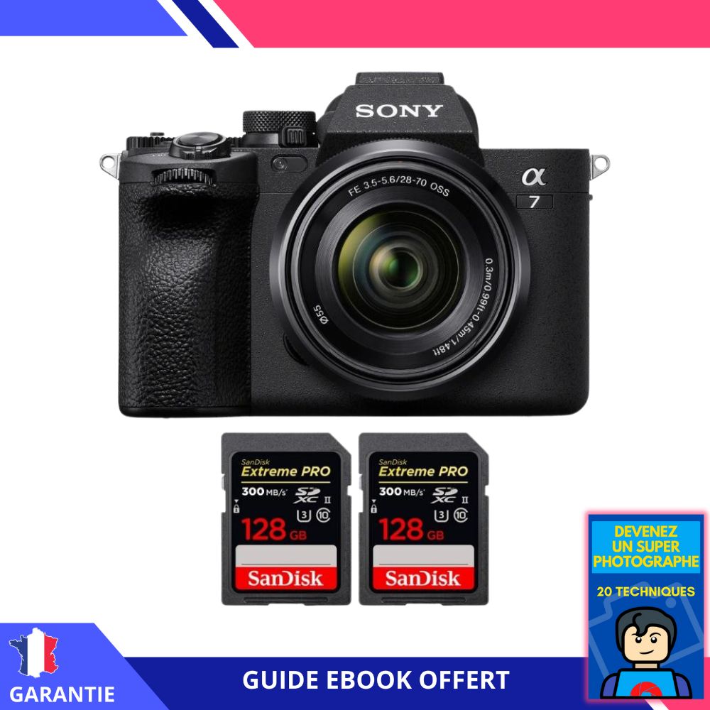 Sony A7 IV + FE 28-70mm F3.5-5.6 OSS + 2 SanDisk 128GB Extreme PRO UHS-II SDXC 300 MB/s + Ebook 'Devenez Un Super Photographe' - Hybrid Sony Camera