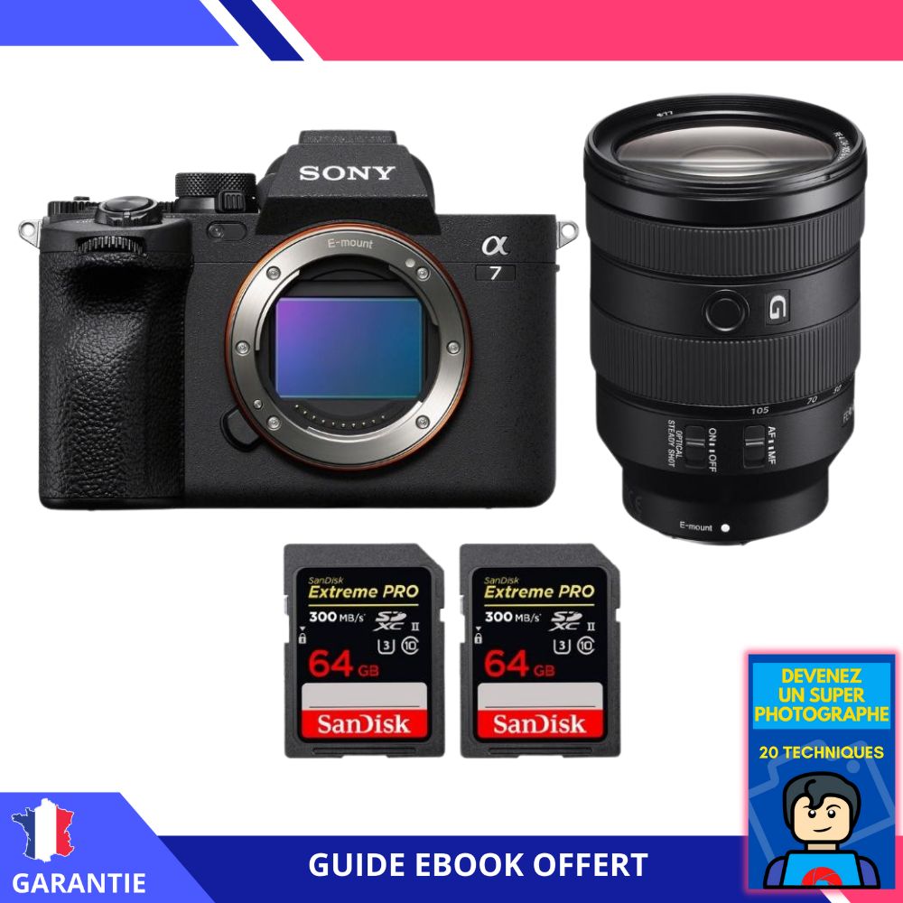 Sony A7 IV + FE 24-105mm f/4 G OSS + 2 SanDisk 64GB Extreme PRO UHS-II SDXC 300 MB/s + Ebook 'Devenez Un Super Photographe' - Hybrid Sony