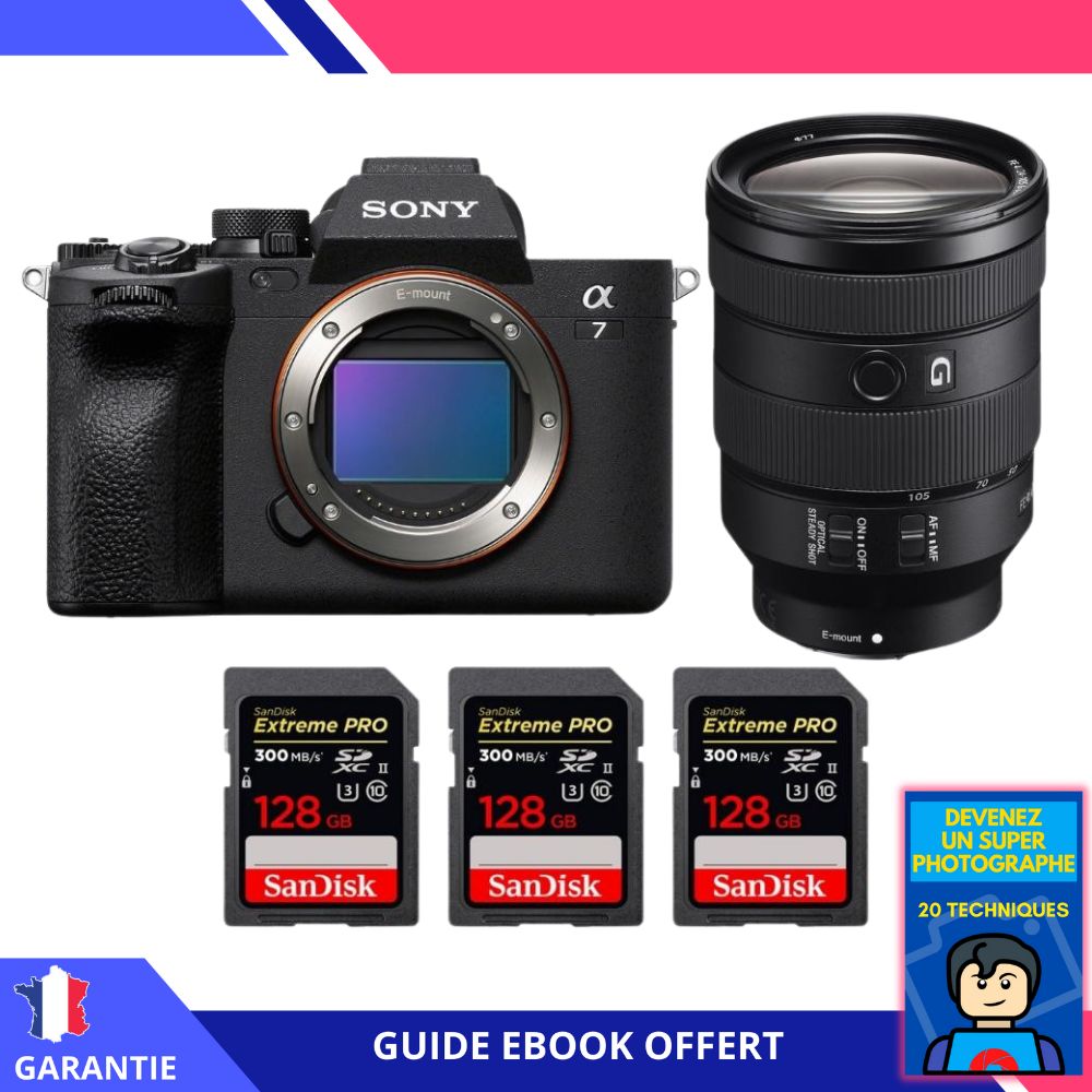 Sony A7 IV + FE 24-105mm f/4 G OSS + 3 SanDisk 128GB Extreme PRO UHS-II SDXC 300 MB/s + Ebook 'Devenez Un Super Photographe' - Hybrid Sony