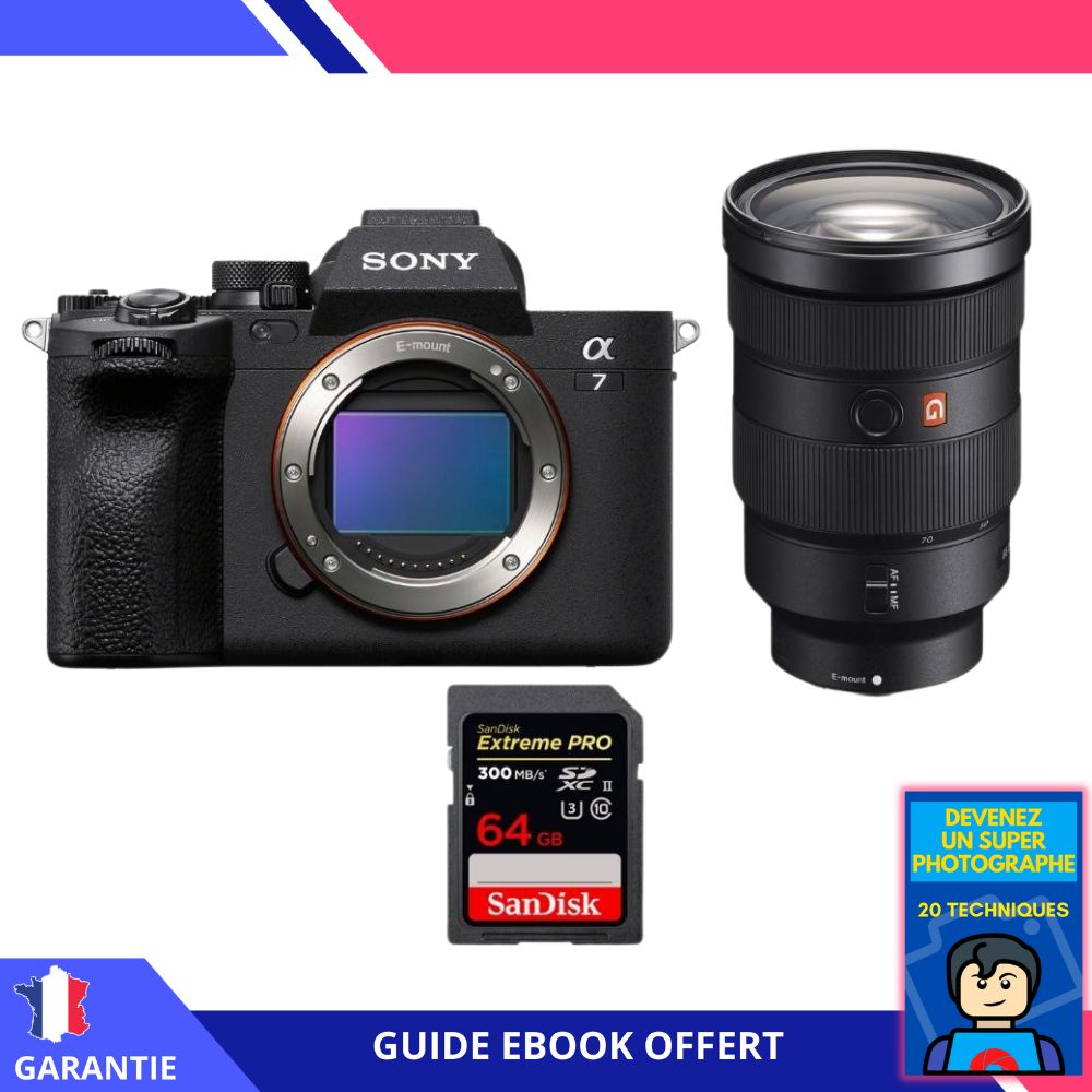 Sony A7 IV + objectif FE 24-70mm f/2.8 GM + carte Sandisk 64Go Extreme PRO UHS-II SDXC 300 Mo/s + ebook 'Devenez un Super Photographe' - Hybride Sony