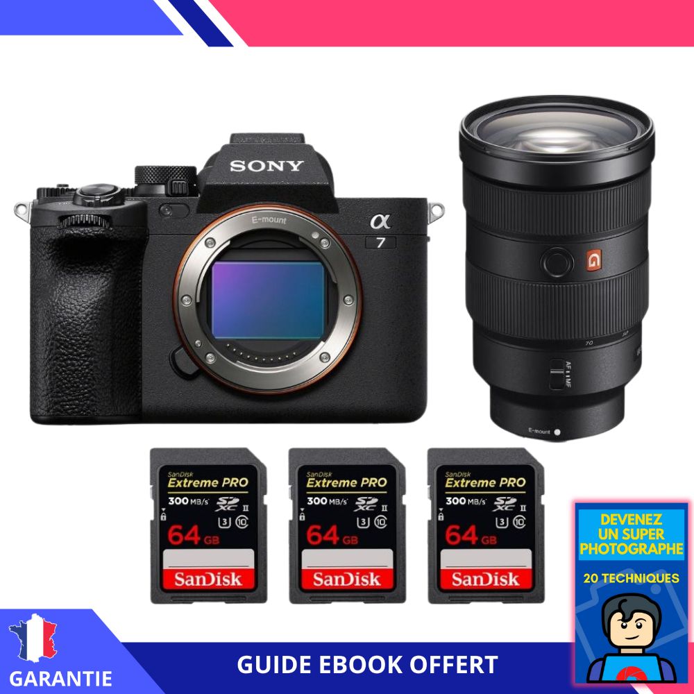 Sony A7 IV + Objectif FE 24-70mm f/2.8 GM + 3 Cartes Mémoire SanDisk 64Go Extreme PRO UHS-II SDXC 300 Mo/s + Ebook 'Devenez Un Super Photographe' - Appareil Photo Hybrid Sony