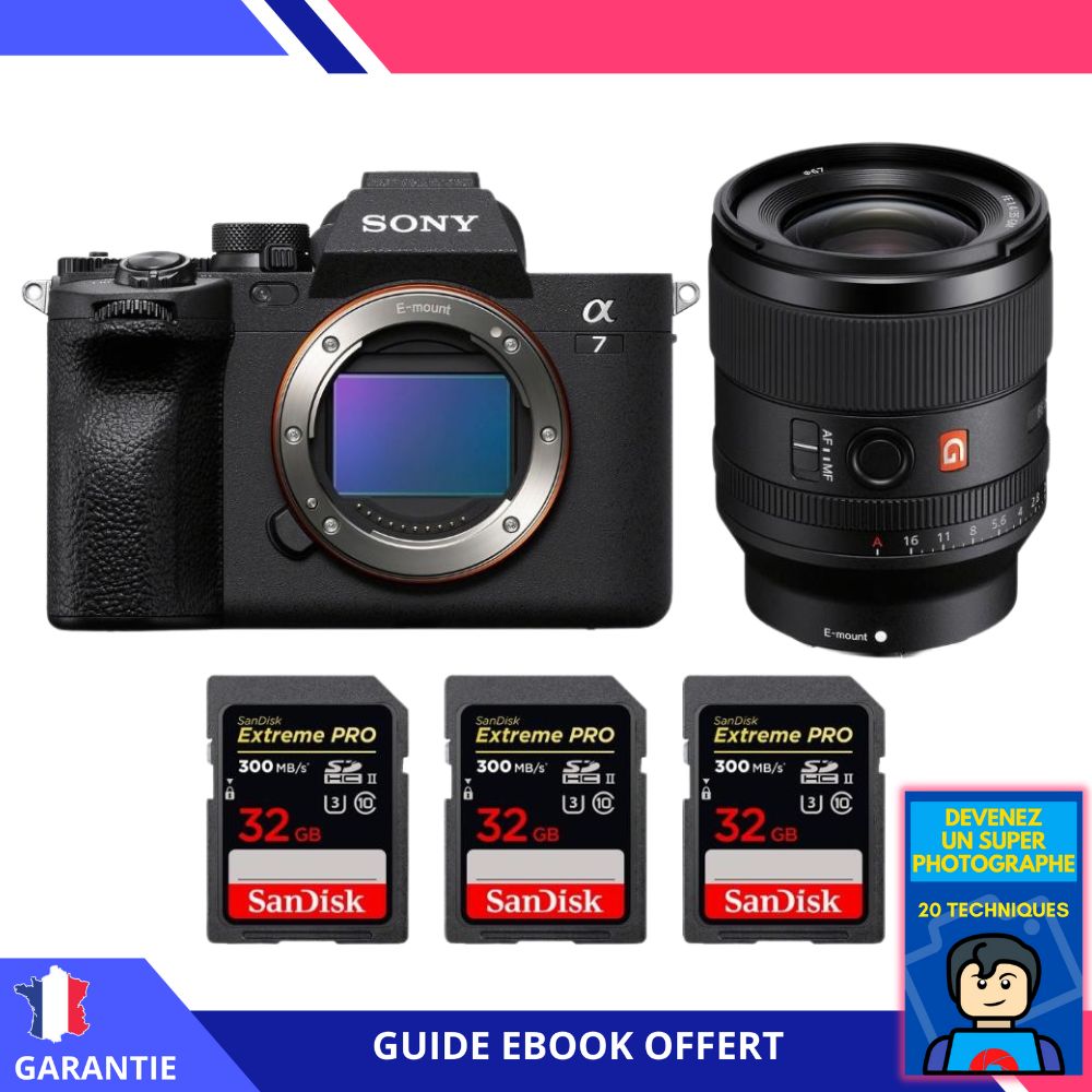 Sony A7 IV + FE 35mm f/1.4 GM + 3 SanDisk 32GB Extreme PRO UHS-II SDXC 300MB/s Memory Cards + Ebook 'Devenez Un Super Photographe' - Hybrid Sony Camera
