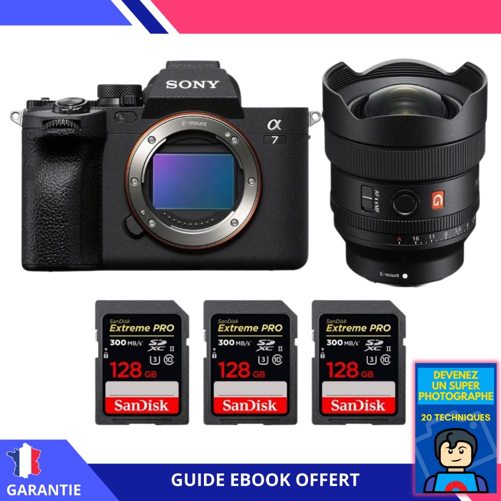 Sony A7 IV + FE 14mm f/1.8 GM + 3 SanDisk 128GB Extreme PRO UHS-II SDXC 300 MB/s + Ebook 'Devenez Un Super Photographe' - Hybrid Sony