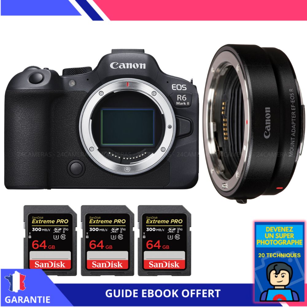 Canon EOS R6 Mark II + EF-EOS R Lens + 3x 64GB SanDisk Extreme PRO UHS-II SDXC Cards + 'Become a Super Photographer' Ebook - Canon Camera