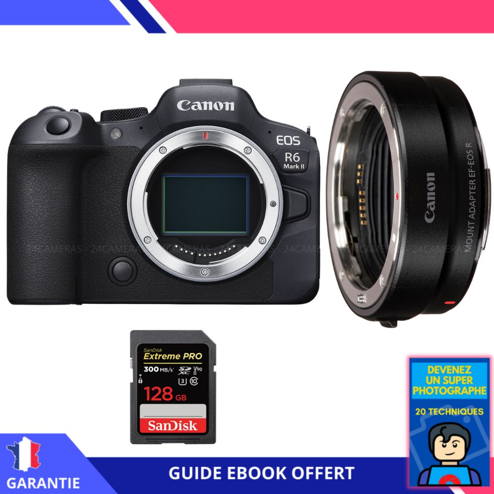 Canon EOS R6 Mark II + EF-EOS R Lens + 1 SanDisk 128GB Extreme PRO UHS-II SDXC Card + 'Become a Super Photographer' Ebook - Canon Camera