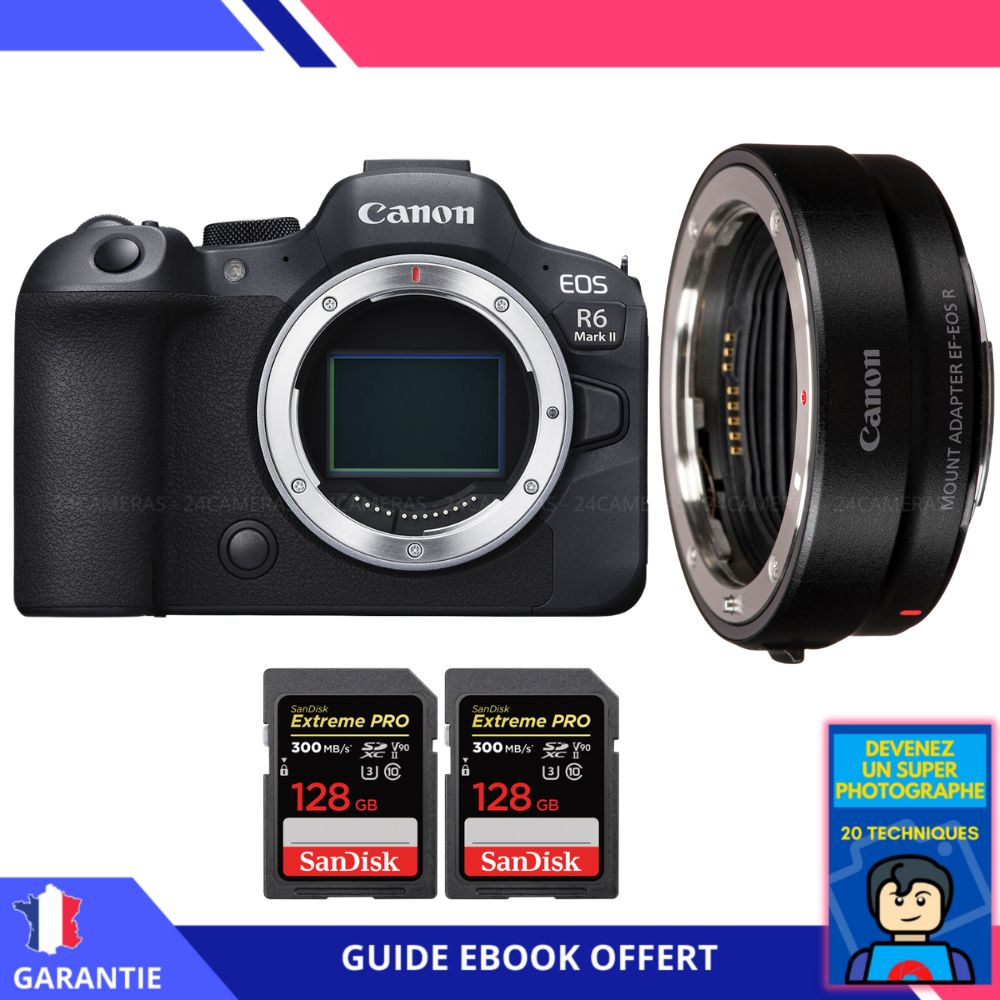 Canon EOS R6 Mark II + EF-EOS R Lens + 2x SanDisk 128GB Extreme PRO UHS-II SDXC Cards + 'Become a Super Photographer' Ebook - Canon Camera