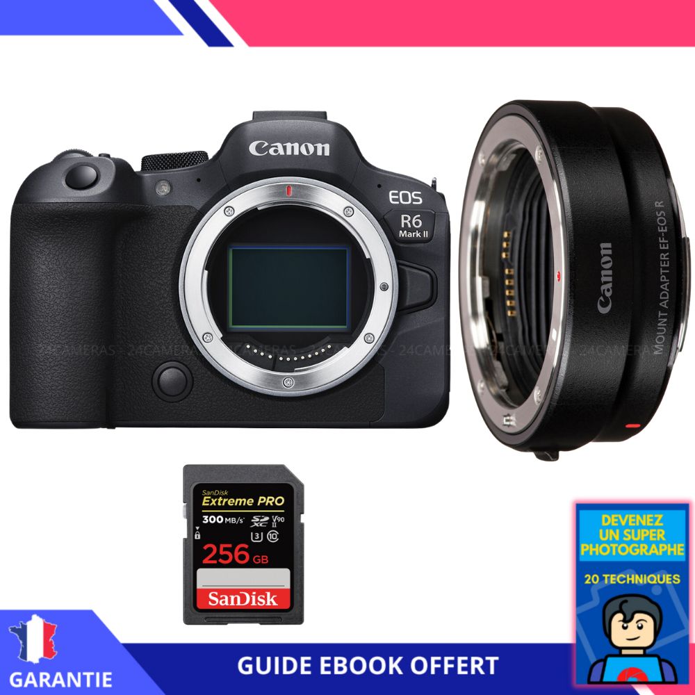 Canon EOS R6 Mark II + EF-EOS R Lens + 1 SanDisk 256GB Extreme PRO UHS-II SDXC Card + 'Become a Super Photographer' Ebook - Canon Camera