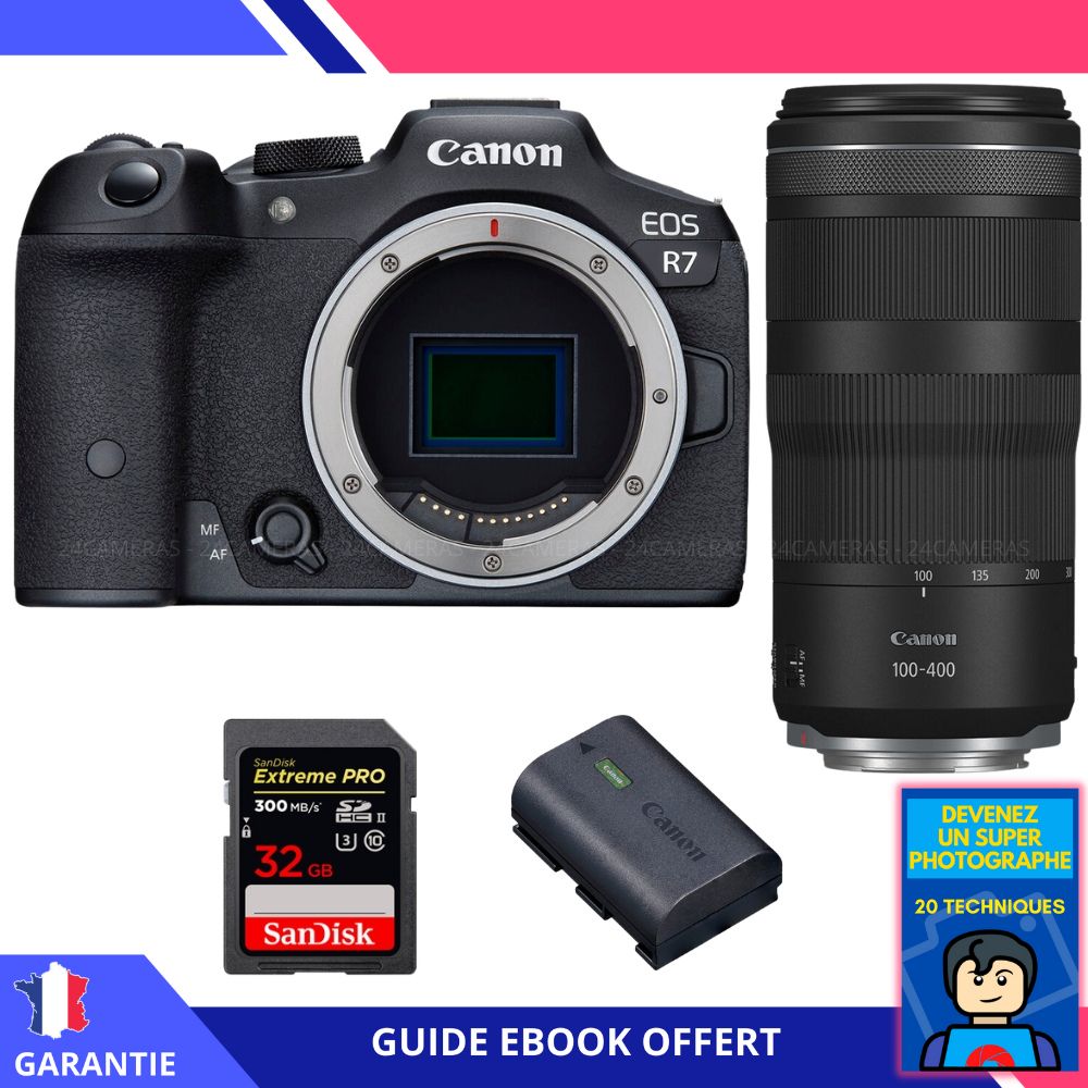 Canon EOS R7 + Objetivo RF 100-400mm IS + Tarjeta SanDisk 32GB Extreme PRO UHS-II SDXC 300 MB/s + Batería Canon LP-E6NH + Ebook 'Conviértete en un Fotógrafo Super' - Cámara Híbrida Canon