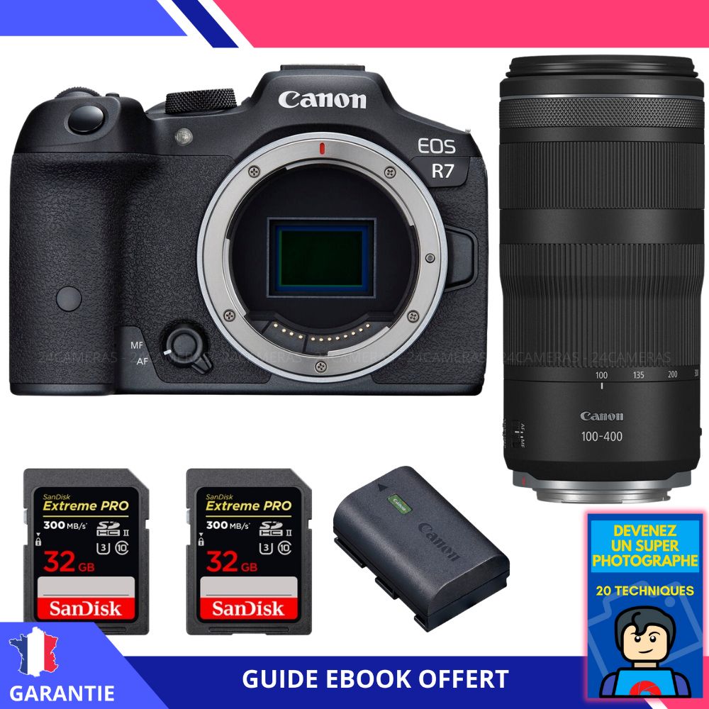 Canon EOS R7 + Objectif RF 100-400mm IS + 2 Cartes SanDisk 32Go Extreme PRO UHS-II SDXC + Batterie LP-E6NH + Guide numérique 'Devenez un Super Photographe' - Hybride Canon