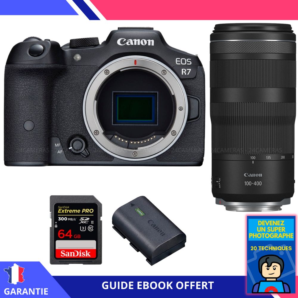 Canon EOS R7 + Objetivo RF 100-400mm IS + Tarjeta SD 64GB SanDisk Extreme PRO UHS-II + Batería LP-E6NH + Ebook - Cámara híbrida Canon