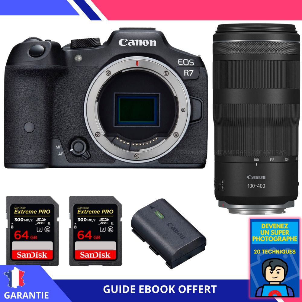 Canon EOS R7 + lente RF 100-400mm IS + 2 tarjetas SanDisk Extreme PRO UHS-II SDXC de 64 GB + batería LP-E6NH + ebook 'Conviértete en un fotógrafo excepcional'
