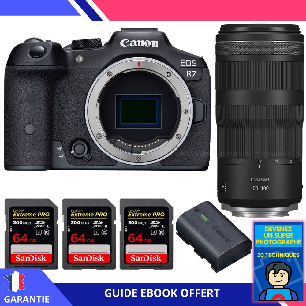 Canon EOS R7 + Objectif RF 100-400mm IS + 3 Cartes SDXC 64Go SanDisk Extreme PRO UHS-II + Batterie LP-E6NH + Guide 'Devenez un Photographe Super' - Hybride Canon