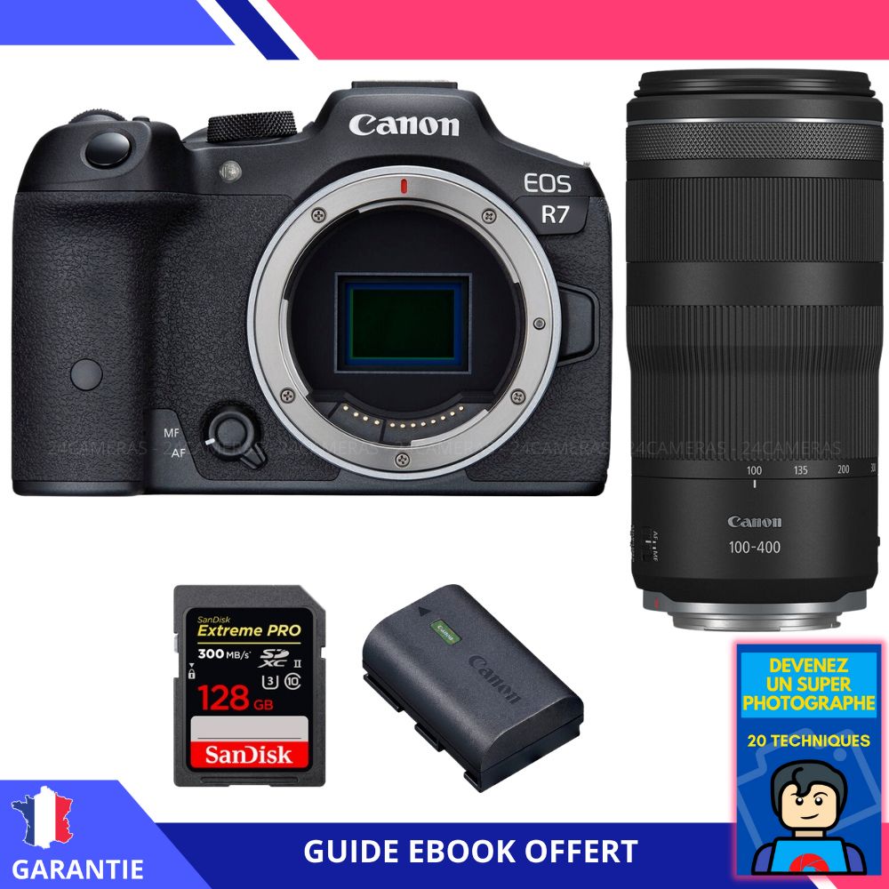 Canon EOS R7 + objetivo RF 100-400mm IS + 1 tarjeta SanDisk 128GB Extreme PRO UHS-II SDXC 300 MB/s + 1 batería Canon LP-E6NH + ebook 'Conviértete en un fotógrafo experto'