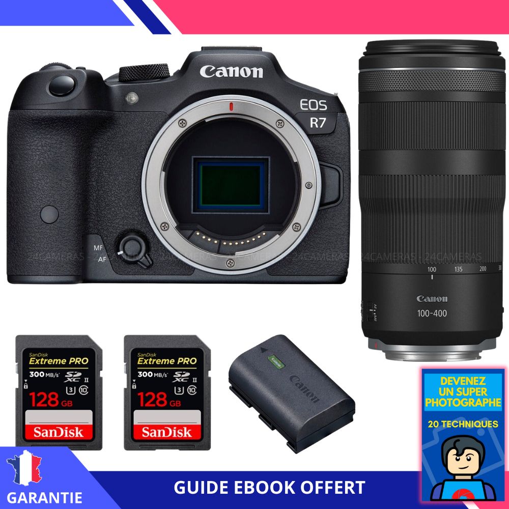 Canon EOS R7 + Lente RF 100-400mm IS + 2 Tarjetas SanDisk 128GB Extreme PRO UHS-II SDXC + Batería LP-E6NH + Ebook 'Conviértete en un Fotógrafo Super' - Cámara Híbrida Canon