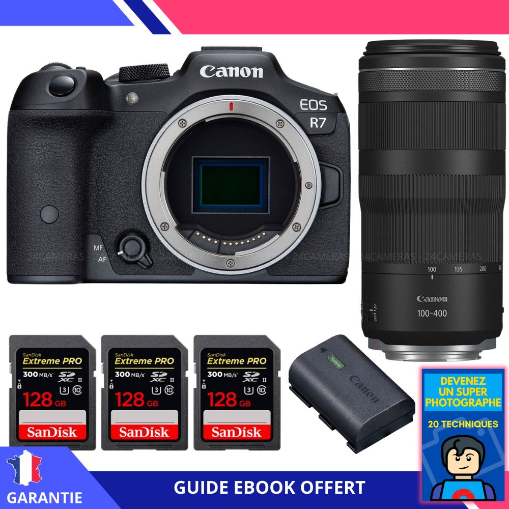 Canon EOS R7 + Objetivo RF 100-400mm IS + 3 Tarjetas de Memoria SanDisk 128GB Extreme PRO UHS-II SDXC 300 MB/s + Batería Canon LP-E6NH + Ebook 'Conviértete en un Superfotógrafo' - Cámara Híbrida
