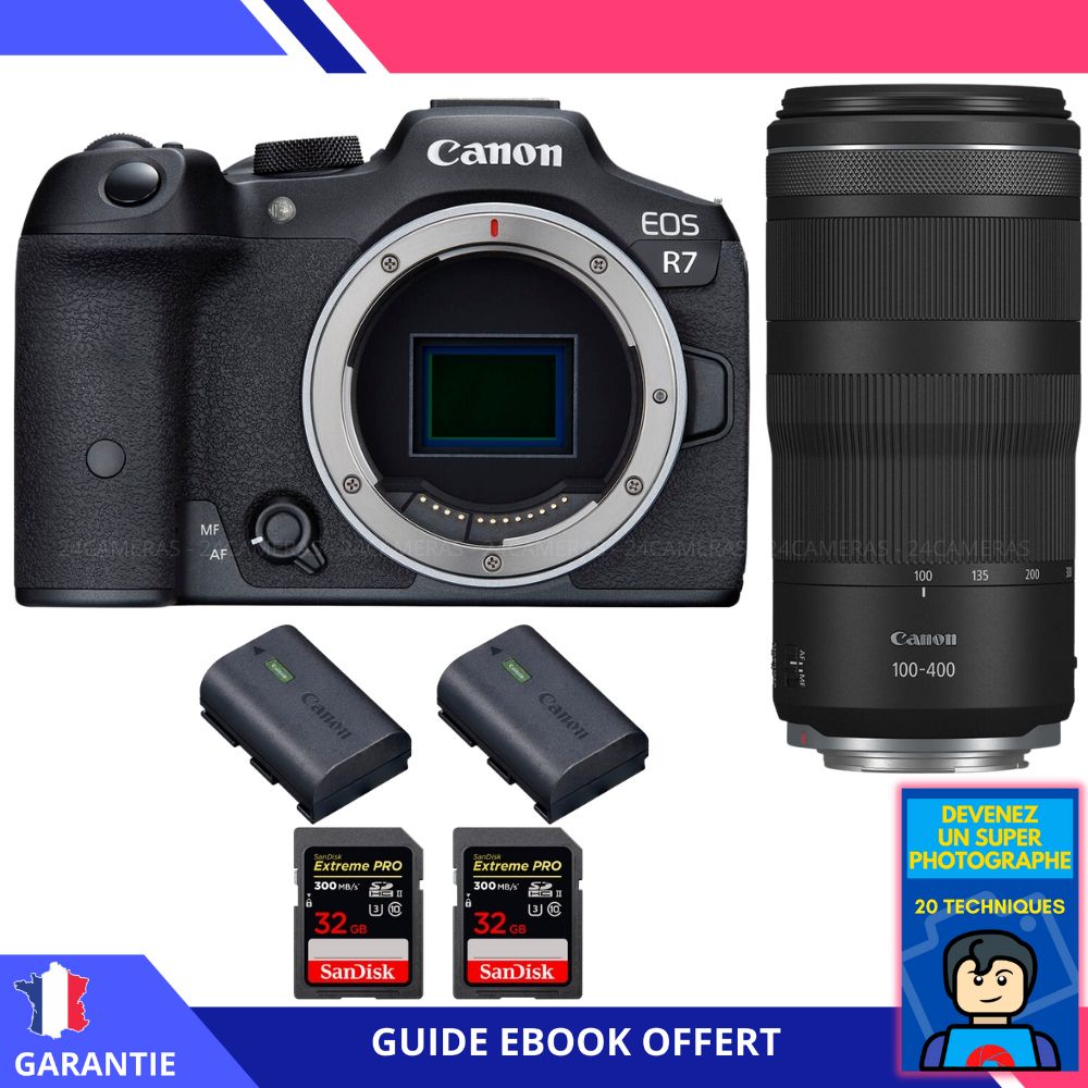 Canon EOS R7 + Lente RF 100-400mm IS + 2 Tarjetas SD SanDisk 32GB Extreme PRO UHS-II 300 MB/s + 2 Baterías LP-E6NH Canon + Ebook 'Conviértete en un Fotógrafo Super'