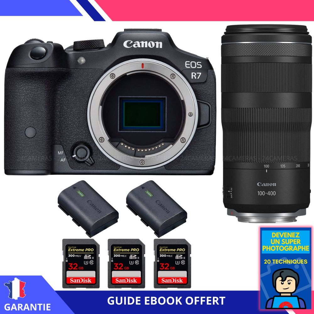 Canon EOS R7 + Lente RF 100-400mm IS + 3 Tarjetas SD SanDisk Extreme PRO UHS-II de 32GB + 2 Baterías Canon LP-E6NH + Ebook 'Conviértete en un Fotógrafo Super' - Cámara híbrida