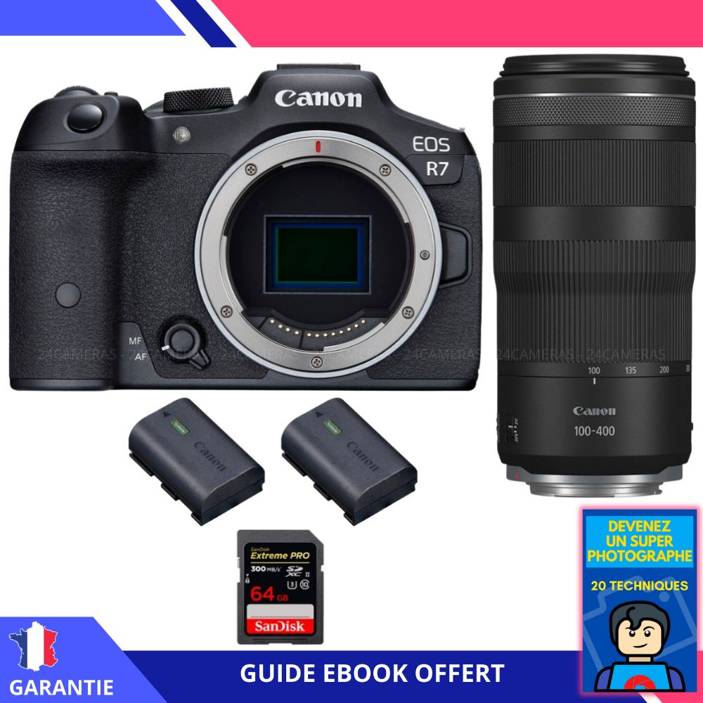 Canon EOS R7 + objectif RF 100-400mm IS + carte SDXC 64Go SanDisk Extreme PRO UHS-II + 2 batteries LP-E6NH Canon + ebook 'Devenez un super photographe'