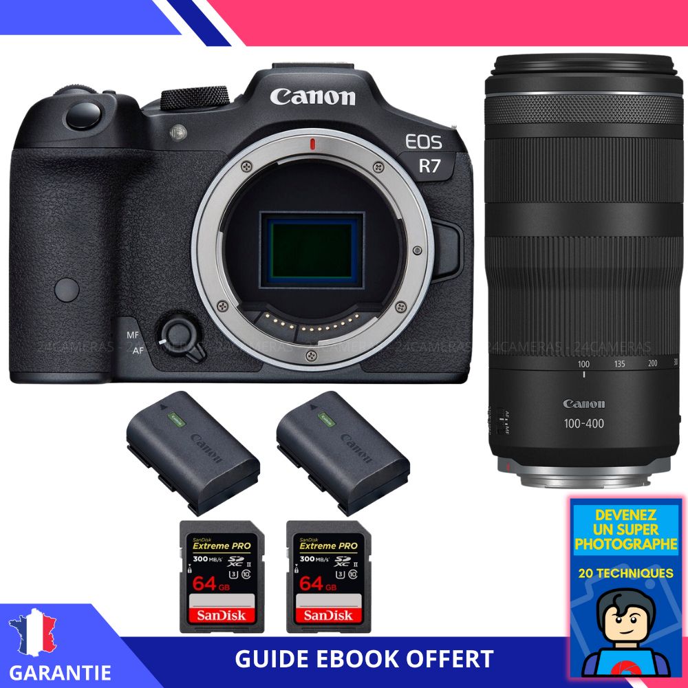 Canon EOS R7 + Lente RF 100-400mm IS + 2 Tarjetas SD 64GB SanDisk Extreme PRO UHS-II + 2 Baterías LP-E6NH + Ebook 'Conviértete en un Fotógrafo Super' - Cámara Híbrida Canon
