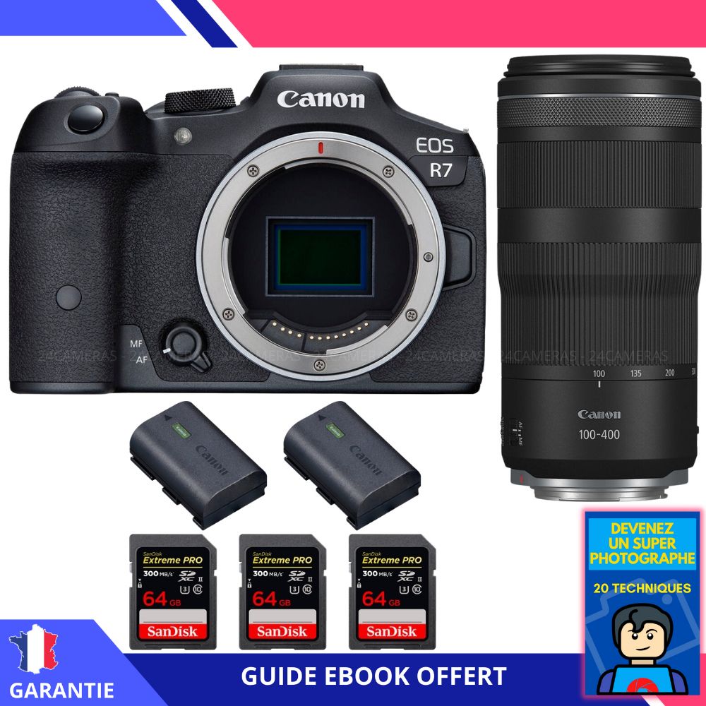 Canon EOS R7 + objectif RF 100-400mm IS + 3 cartes SDXC SanDisk Extreme PRO 64 Go UHS-II 300 Mo/s + 2 batteries LP-E6NH Canon + ebook 'Devenez un super photographe' - Hybride Canon