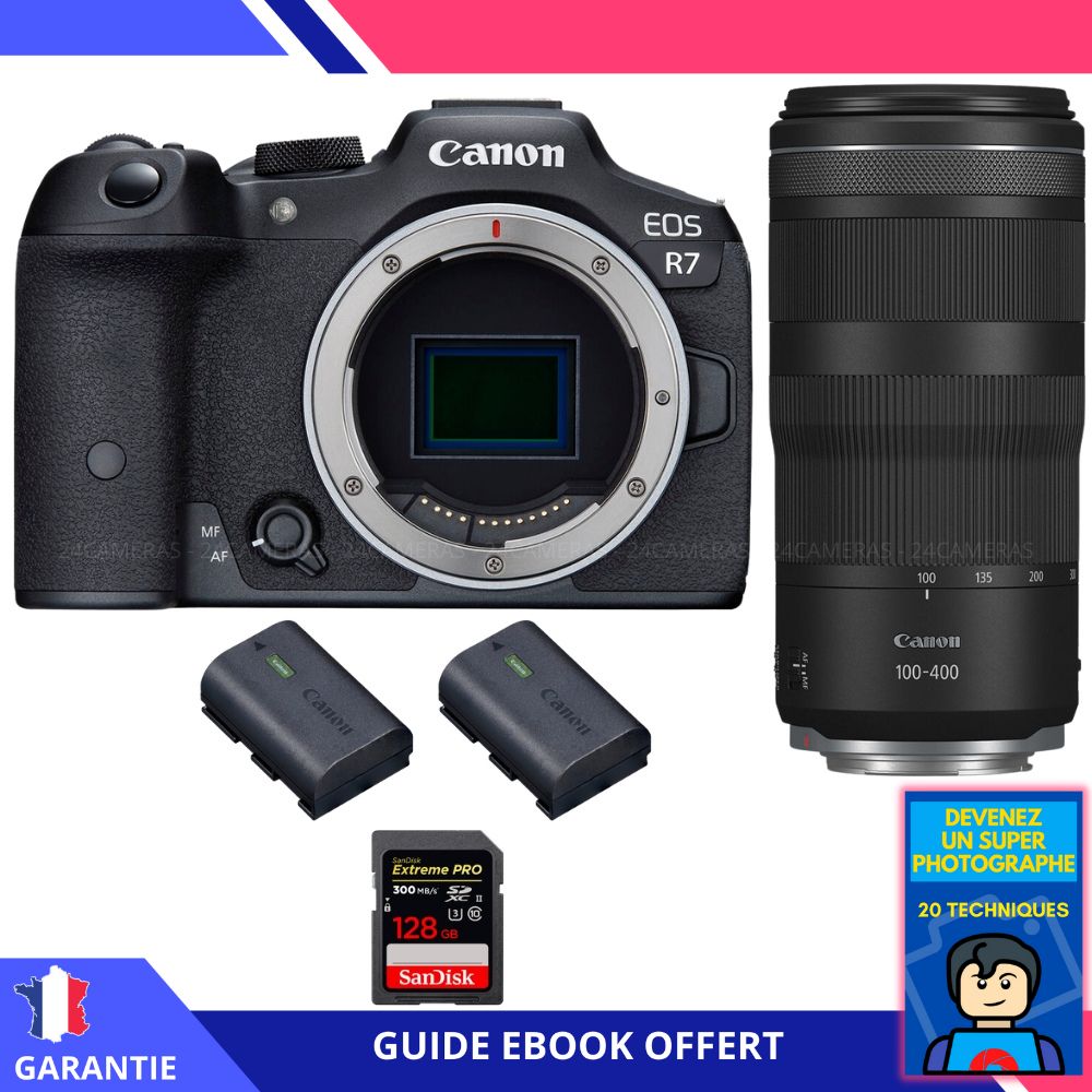 Canon EOS R7 + objectif RF 100-400mm IS + 1 carte SanDisk 128 Go Extreme PRO UHS-II SDXC 300 Mo/s + 2 batteries LP-E6NH Canon + ebook 'Devenez un super photographe' - Hybrid Canon
