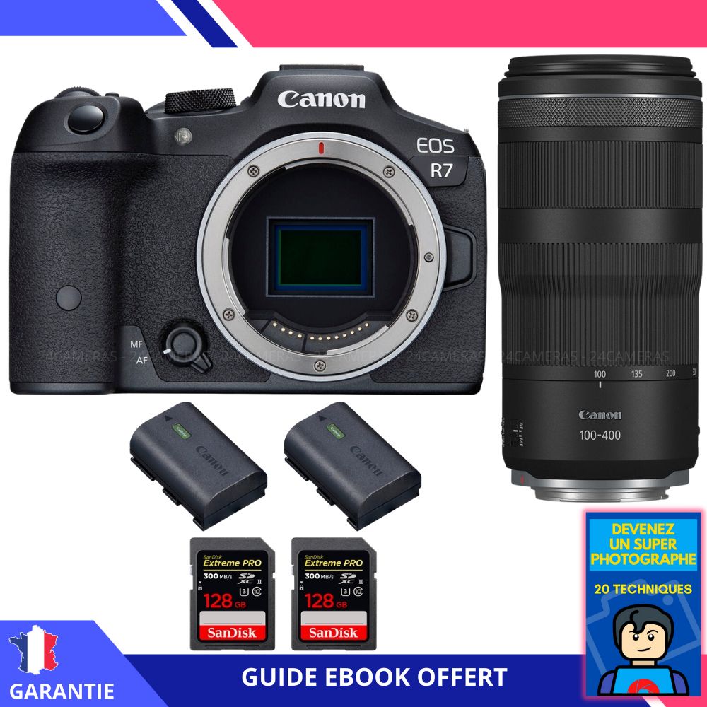 Canon EOS R7 + Lente RF 100-400 mm IS + 2 Tarjetas SanDisk Extreme PRO UHS-II de 128 GB + 2 Baterías LP-E6NH Canon + Ebook 'Conviértete en un fotógrafo experto'