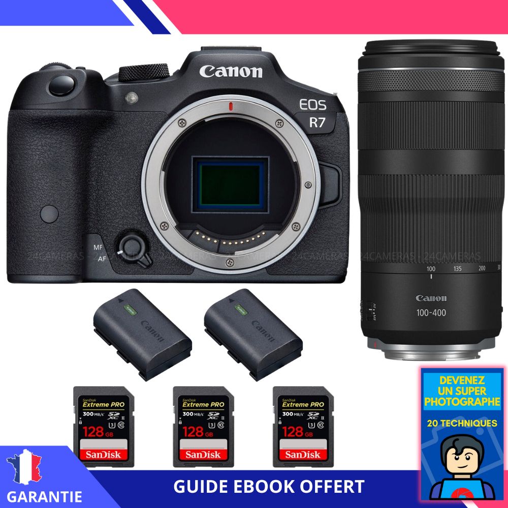 Canon EOS R7 + Objectif RF 100-400mm IS + 3 Cartes SD 128Go SanDisk Extreme PRO UHS-II + 2 Batteries LP-E6NH Canon + Ebook 'Devenez Un Super Photographe' - Appareil Photo Hybride