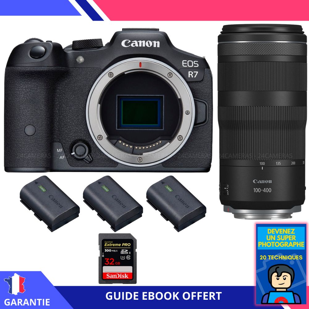 Canon EOS R7 avec objectif RF 100-400mm IS + carte SDXC 32 Go SanDisk Extreme PRO + 3 batteries LP-E6NH + ebook 'Devenez un photographe exceptionnel' - Hybride Canon