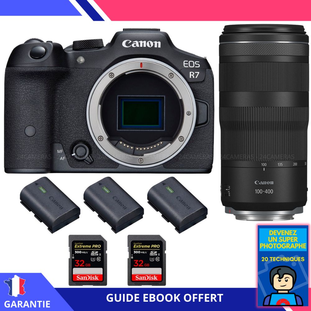 Canon EOS R7 + objectif RF 100-400mm IS + 2 cartes SanDisk 32Go Extreme PRO UHS-II SDXC 300 Mo/s + 3 batteries LP-E6NH Canon + ebook 'Devenez Un Super Photographe' - Appareil photo hybride