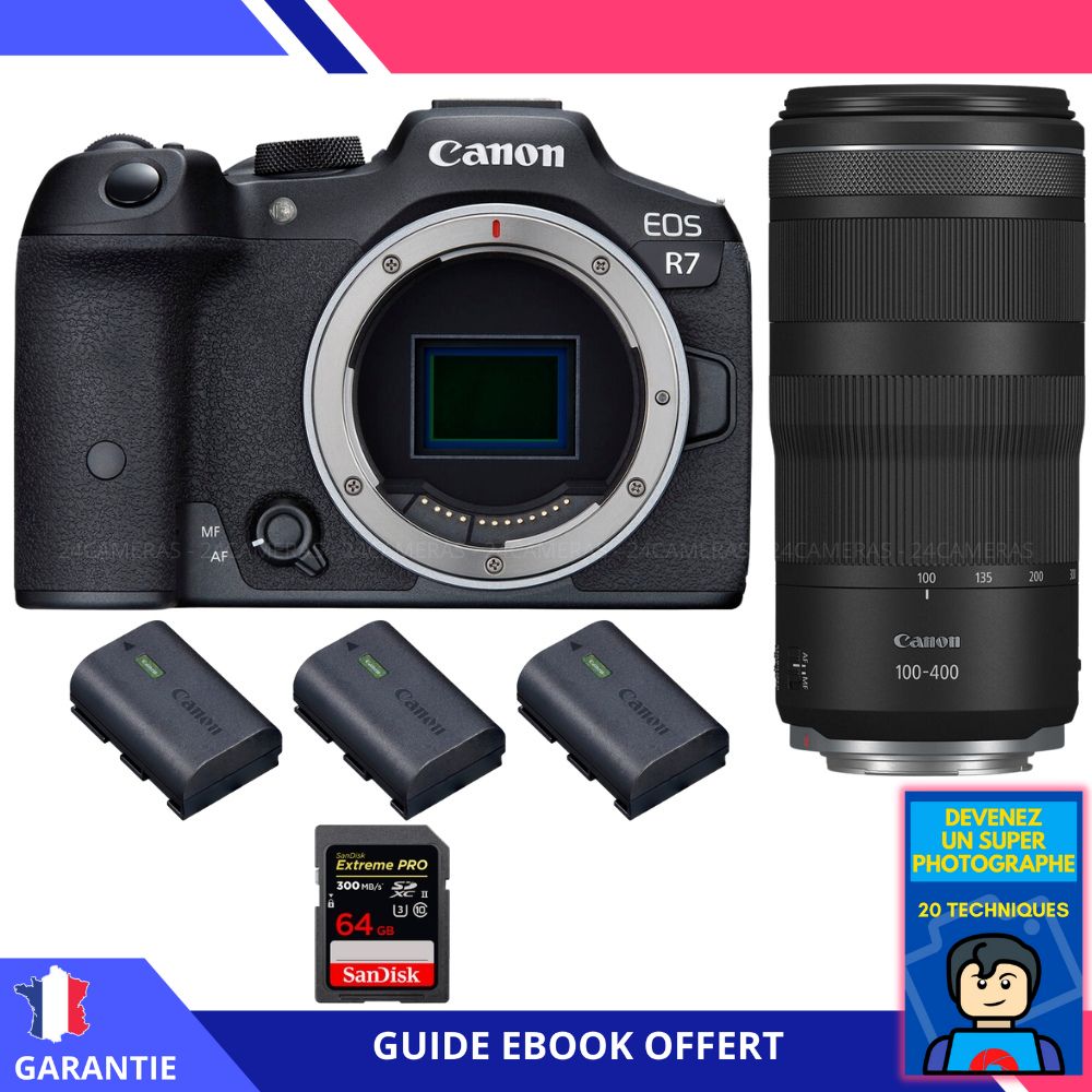 Canon EOS R7 + objectif RF 100-400mm IS + 1 carte SanDisk 64 Go Extreme PRO UHS-II SDXC 300 Mo/s + 3 batteries LP-E6NH Canon + ebook 'Devenez un Super Photographe'